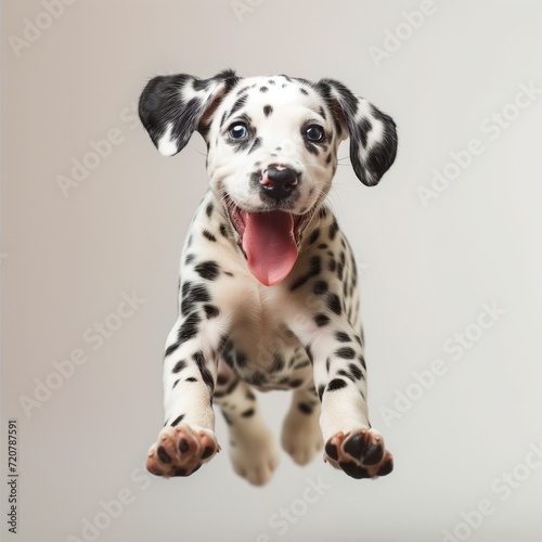 young Dalmatian pup jumping in the studio on the white background