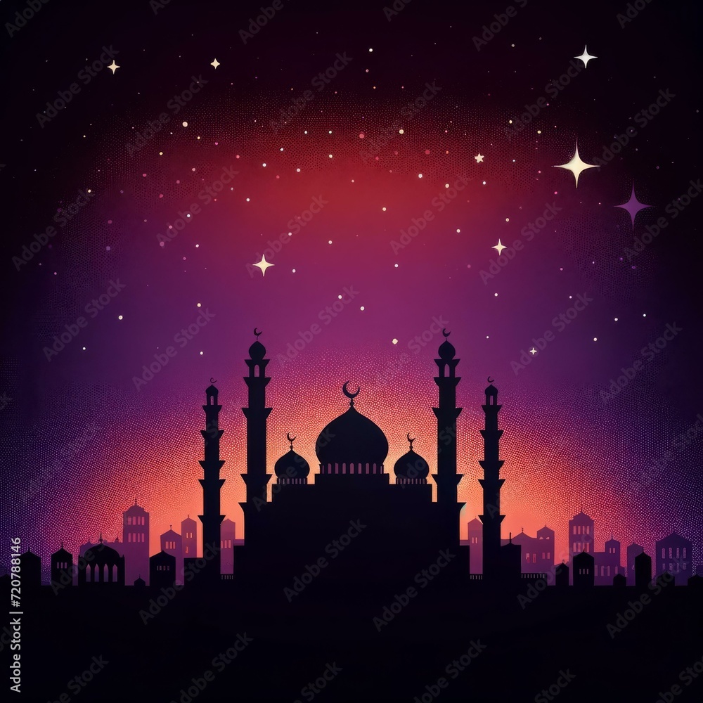 Starry Night Sky Over Mosque Silhouette, Ramadan Concept