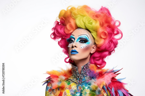 Vibrant portrait of a drag queen with colorful hair and artistic make up