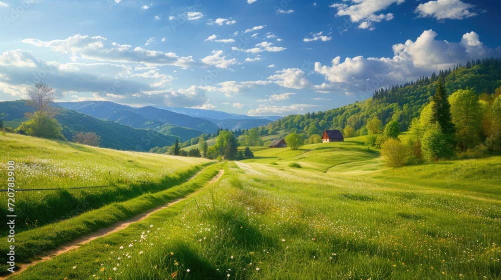 beautiful countryside of romania. sunny afternoon. wonderful springtime landscape in mountains. grassy field and rolling hills. rural scener