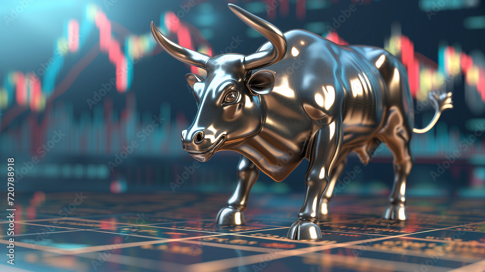 Financial market bull standing in front of background of price charts. - obrazy, fototapety, plakaty 