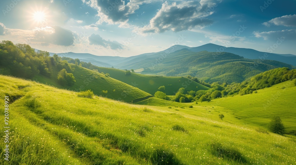 beautiful countryside of romania. sunny afternoon. wonderful springtime landscape in mountains. grassy field and rolling hills. rural scener