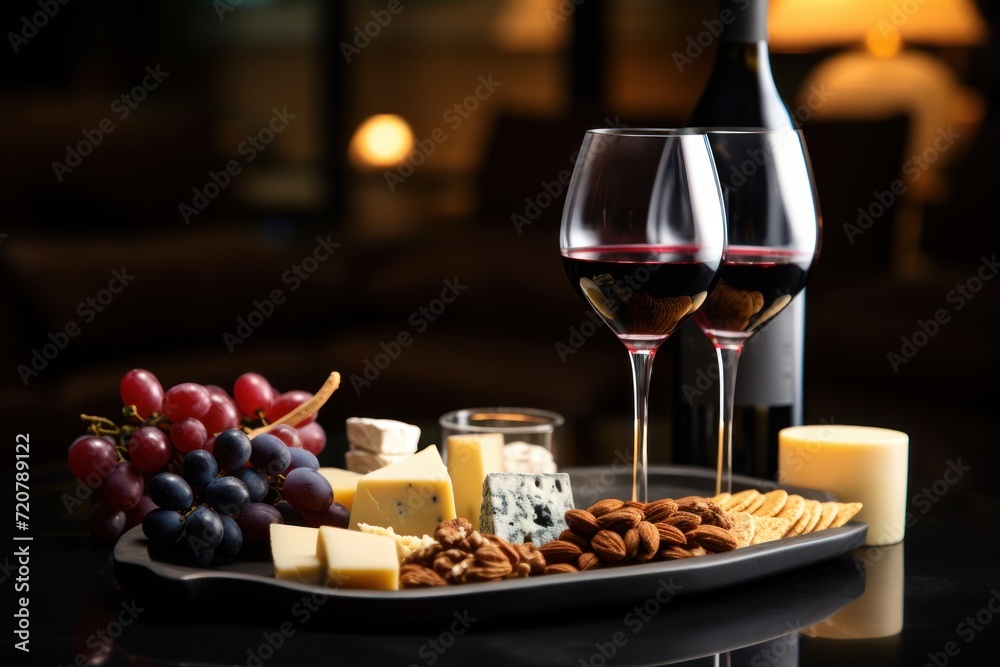 Wine Bottle and Glasses with Snacks AI Generated