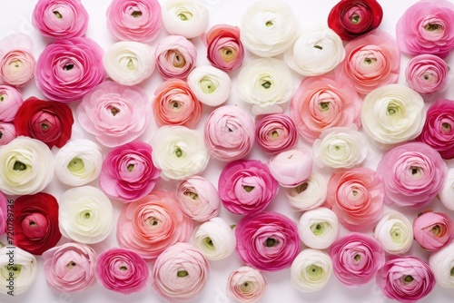Pink and White Roses  Ranunculus  and Tulips on White Background AI Generated