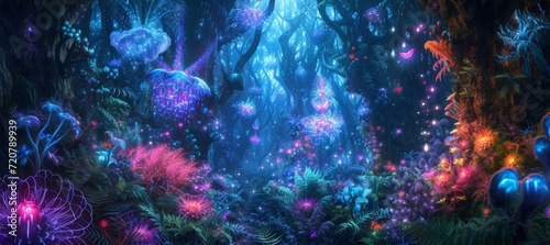 A fantastical forest with bioluminescent plants and mythical creatures, each detail glowing and shimmering.