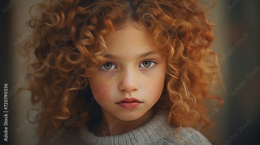 Portrait of beautiful little girl with curly hair looking at camera. Generative AI