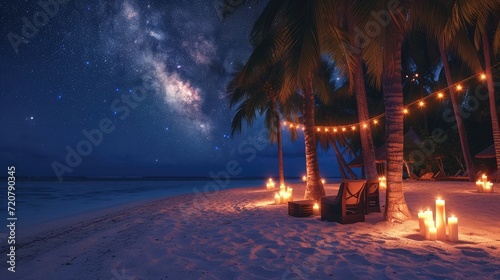 Fototapeta Naklejka Na Ścianę i Meble -  Movie night on starry tropical island beach. Amazingly calm and relaxed scenic view of outdoor cinema with the Milky Way and palm trees with soft candle light