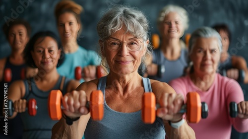 Multiracial group of senior people in sportswear doing strength building fitness exercises with dumbbells, holding fitness tools and smiling at camera, selective focus photo