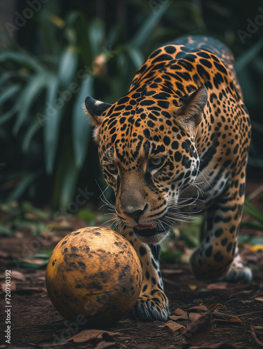 A Photo of a Jaguar Playing with a Ball in Nature