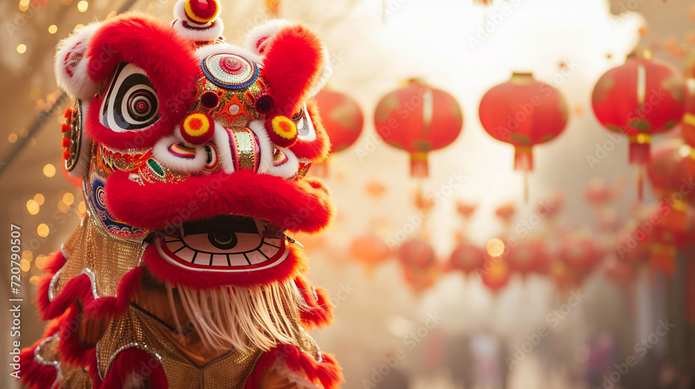 A traditional lion dance captured in mid-leap, creating a dynamic and energetic scene with ample space for festive text