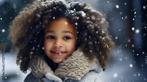 Closeup portrait of cute african american girl in winter park Generative AI