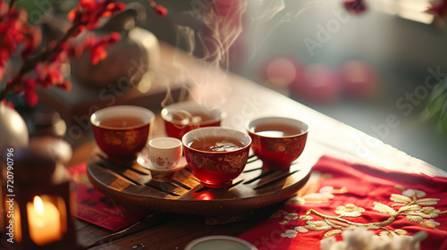 A traditional Chinese tea ceremony captured in an elegant setting, creating a dynamic and serene scene with space for New Year blessings photo
