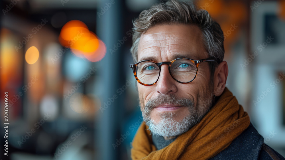 Caucasian middle aged man wearing pair of trendy glasses, stylish spectacles and new prescription lenses at an optometrist.generative ai Caucasian middle aged man wearing pair of trendy glasses, stylish spectacles and new prescription lenses at an optometrist.generative ai