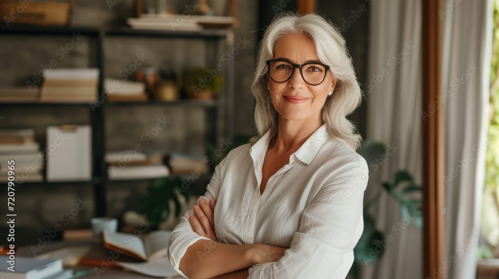 Smiling confident stylish mature middle aged woman standing at home office. Old senior businesswoman