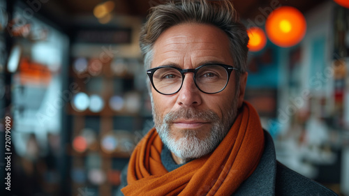 Caucasian middle aged man wearing pair of trendy glasses, stylish spectacles and new prescription lenses at an optometrist.generative ai © Krisana