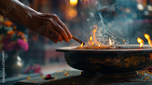 A close-up of a hand lighting incense at a temple, creating a dynamic and spiritual scene with space for New Year blessings