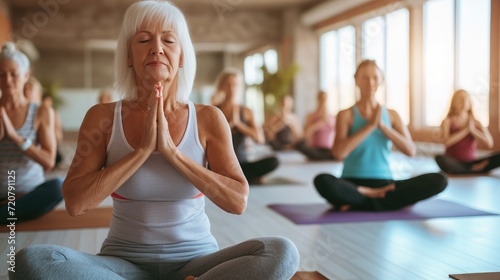 Yoga fitness  class and senior women training for elderly wellness  health and retirement self care in pilates studio