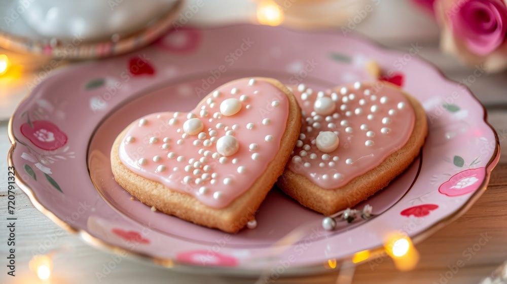 Glazed heart-shaped cookies with a sprinkle of edible pearls generative ai Glazed heart-shaped cookies with a sprinkle of edible pearls generative ai