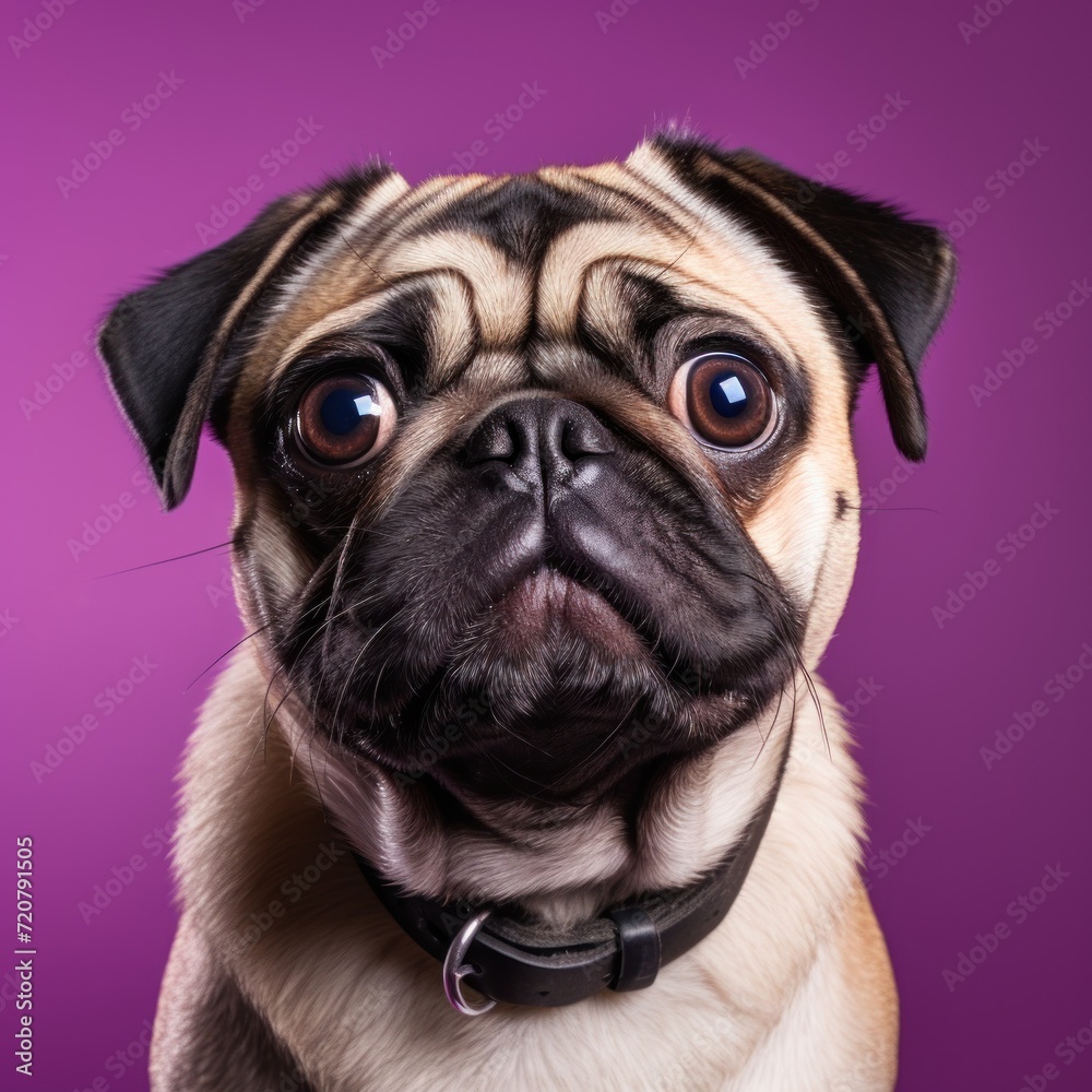 Impressed Pug Dog Looking at Camera on Purple Background AI Generated