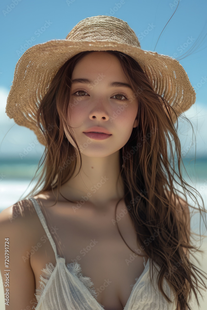 Happy asian woman posing on the beach on a sunny day. generative ai