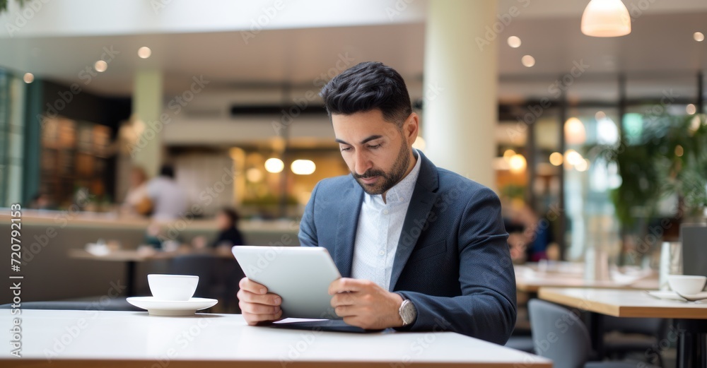 Social media manager analyzing metrics on a tablet in a lively cafe, blending focus with ambient energy