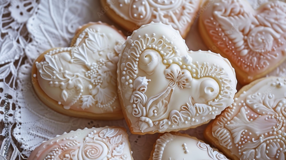 Glazed heart-shaped cookies with intricate icing designs generative ai Glazed heart-shaped cookies with intricate icing designs generative ai