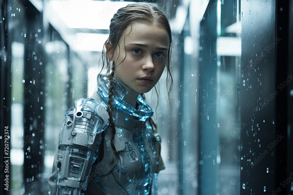 Futuristic girl in silver neurocore suit. techno-art with clear colors and exacting precision Futuristic girl in silver neurocore suit. techno-art with clear colors and exacting precision