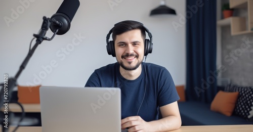 Blogger recording a podcast in a modern, acoustically tuned home studio with professional setup photo