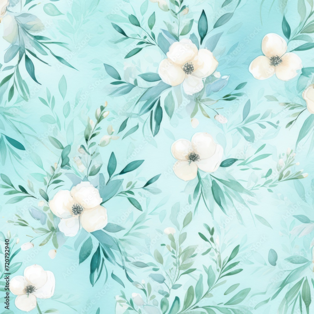 Teal watercolor botanical digital paper floral background in soft basic pastel tones