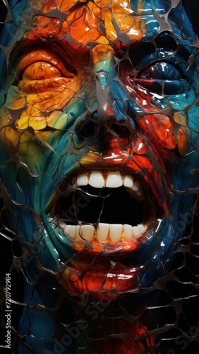 RGB-colored broken glass forming a creepy face Generative AI