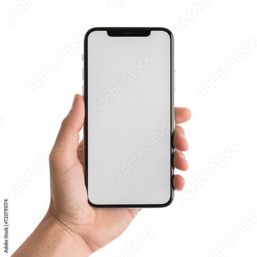 Close-up of a person's right hand holding a smartphone on a white background AI Generated