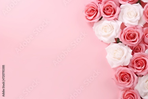 Fresh Rose Flowers on Pink Background Border with Copy Space AI Generated