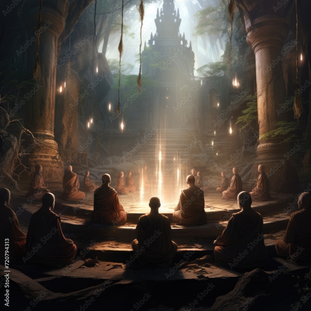 A serene illustration of a group of monks meditating in an ancient temple