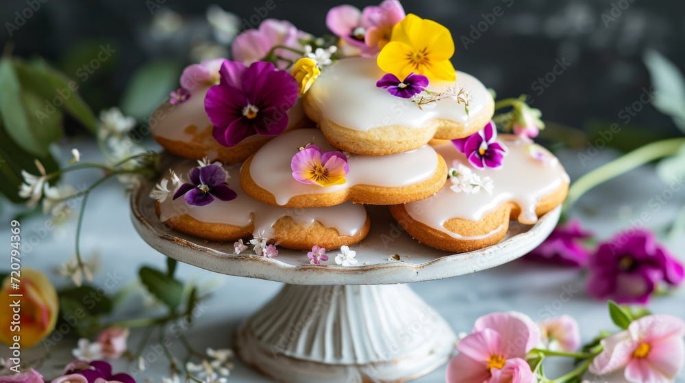 Glazed heart cookies adorned with edible flowers generative ai