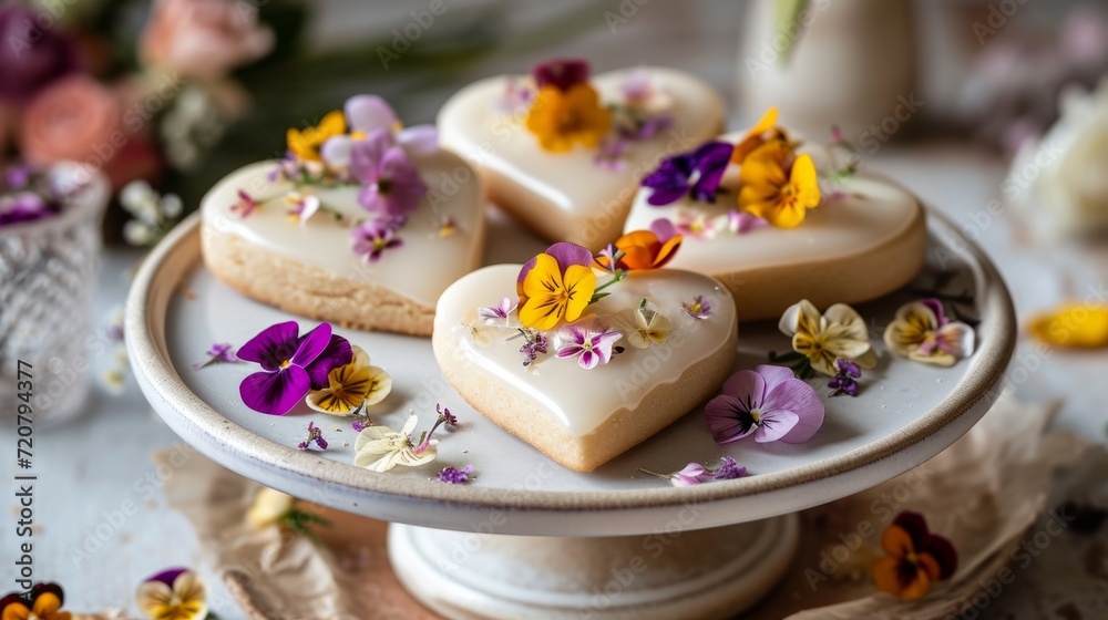 Glazed heart cookies adorned with edible flowers generative ai Glazed heart cookies adorned with edible flowers generative ai