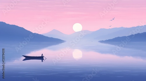 an illustration of mountains and water at sunset