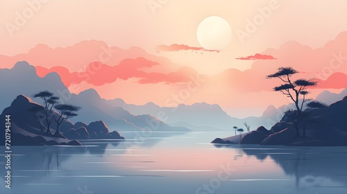 an illustration of mountains and water at sunset