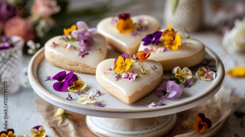 Glazed heart cookies adorned with edible flowers generative ai