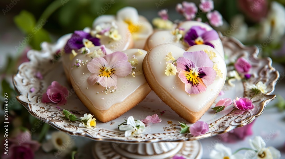 Glazed heart cookies adorned with edible flowers generative ai Glazed heart cookies adorned with edible flowers generative ai