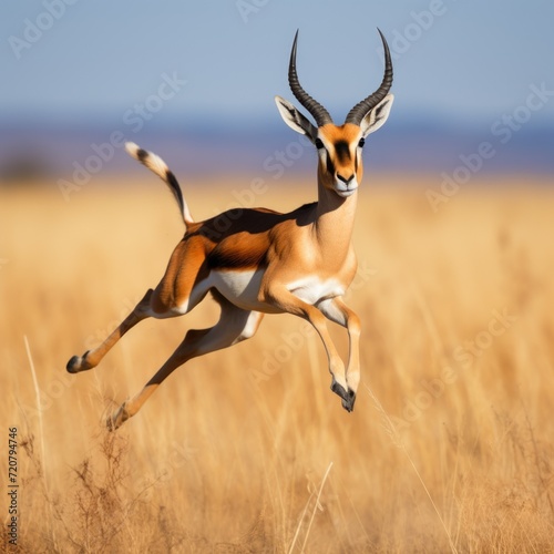 A swift antelope (Antilopinae) gracefully leaping across the grassland. Taken with a professional camera and lens photo