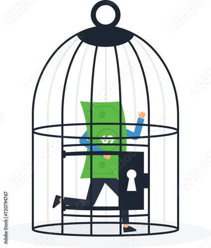 Lock up money or control money and dollar cage, Businessman locking coin in a birdcage with dollar cage concept, 
