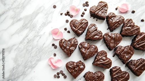 Heart shaped brownies drizzled with chocolate,on a marble countertop for a sweet celebration generative ai
