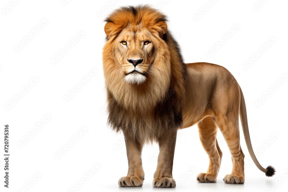 Lion standing and looking at camera, isolated on white background.