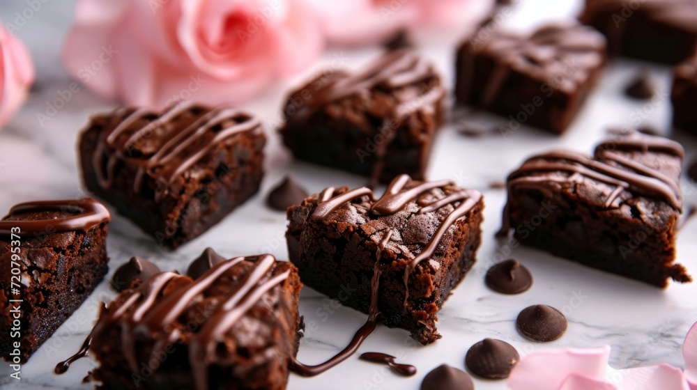 Heart shaped brownies drizzled with chocolate,on a marble countertop for a sweet celebration generative ai Heart shaped brownies drizzled with chocolate,on a marble countertop for a sweet celebration generative ai