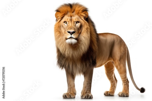 Lion standing and looking at camera, isolated on white background.