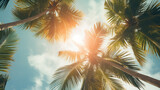 Palm trees with sunlight coming through their leaves, vintage aesthetics, light navy and green, shaped canvas, exotic