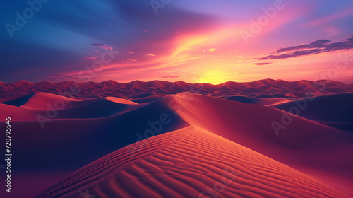 Desert landscape with sand dunes and a vibrant sunset sky