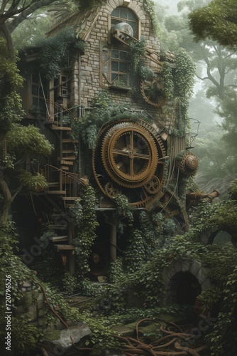 Intricate steampunk-inspired machinery intertwined with a lush  overgrown jungle.