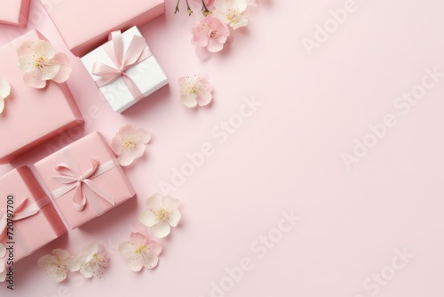 Pastel Pink Gift Boxes with Tender Pink Flowers on Light Background AI Generated © Alex