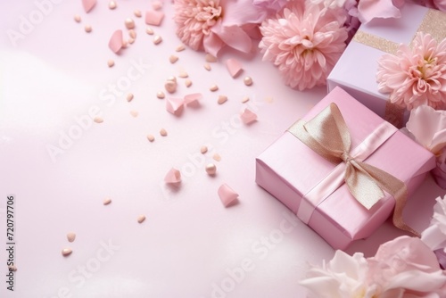Pastel Pink Gift Boxes with Tender Pink Flowers on Light Background AI Generated